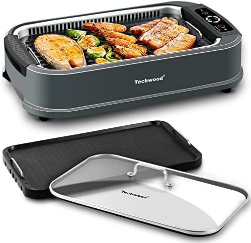 Gray tabletop smokeless grill and griddle