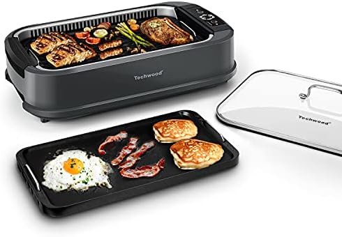 Gray smokeless electric grill with glass lid