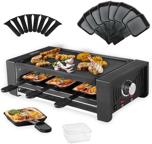 Tabletop raclette party grill with reversible plate