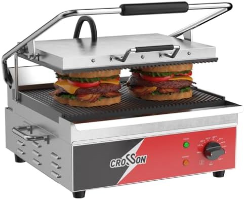 Ribbed commercial electric panini grill 15 in
