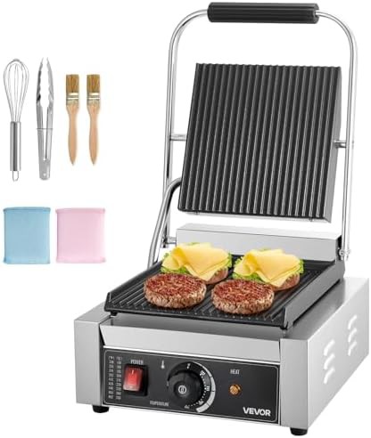 Commercial panini grill with grooved enamel plate
